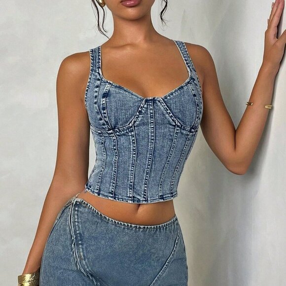 Blue Sexy Women's Sleeveless Denim Casual Top With Backless Design - Picture 3 of 5